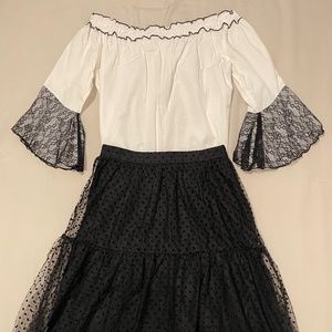 Zara lace off-the-shoulder top & H&M Full polka dots double-layered tulle skirt